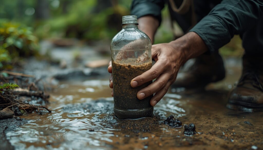 lucid origin a cinematic photo of a person filtering dirty water in a survival situation outd 1